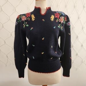 Vintage Herman Geist Navy Blue Floral Embroidered Sweater • Tagged Medium